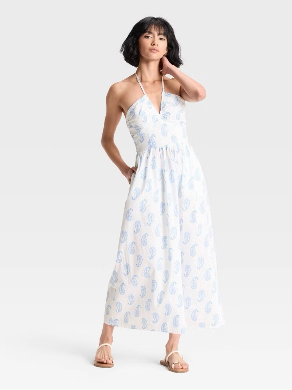 Universal Thread Women's Maxi Halter A-Line Dress - - White/Blue Paisley - XS